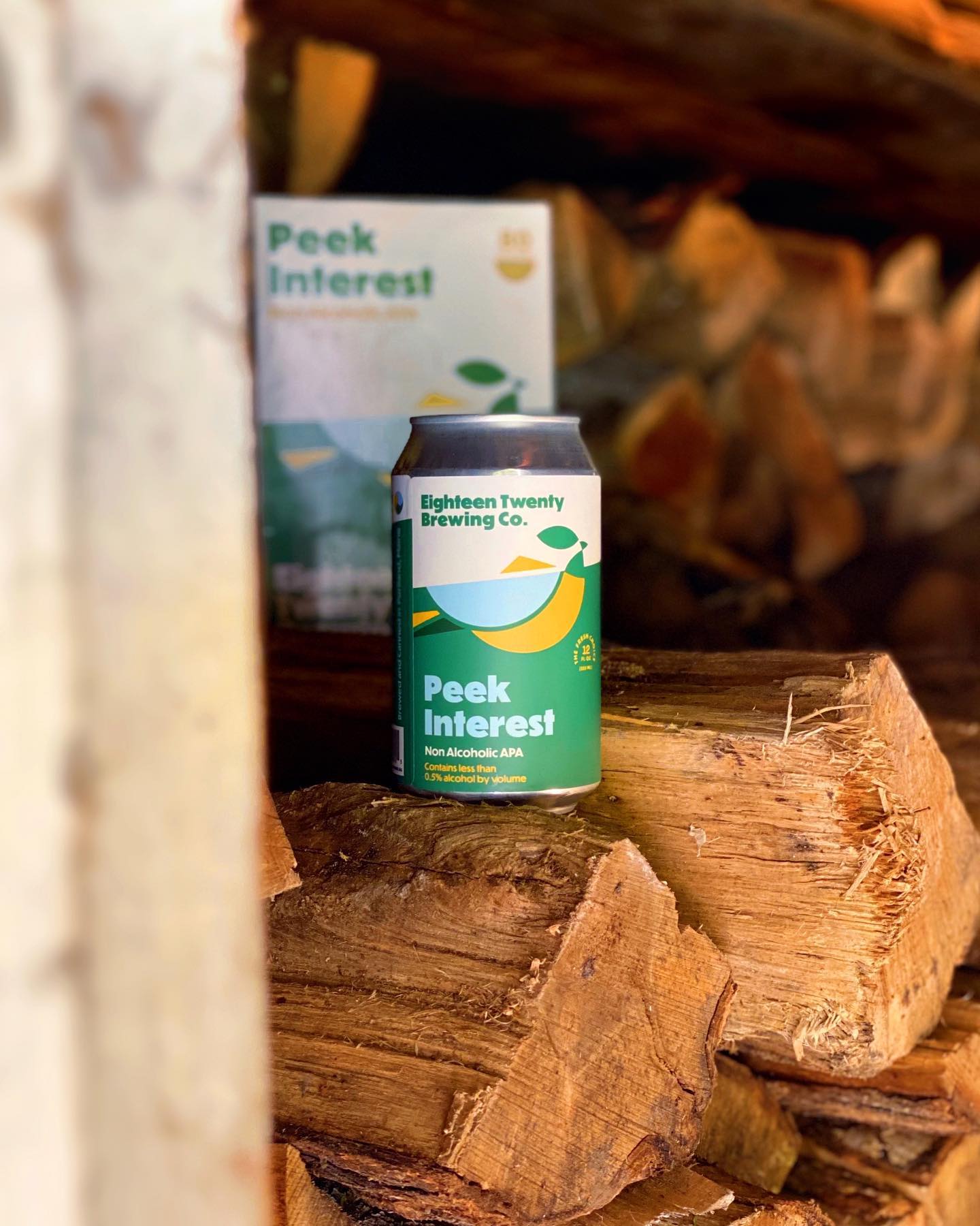 Cold can of Peek Interest sitting atop firewood