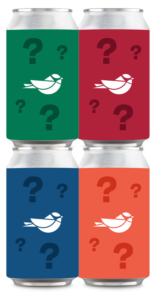 Four beer cans with question mark labels.