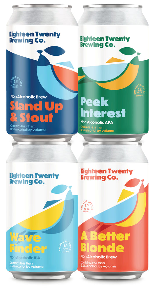 Stand Up & Stout, Peek Interest, Wave Finder, and A Better Blonde Non Alcoholic Brew Cans